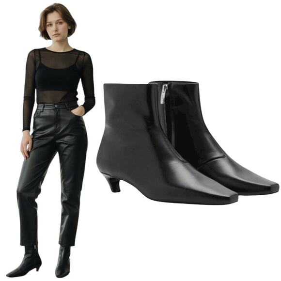 Mango MNG Square Toe Kitten Heel Leather Boots Black Size 39/ US 8.5 - Picture 1 of 13